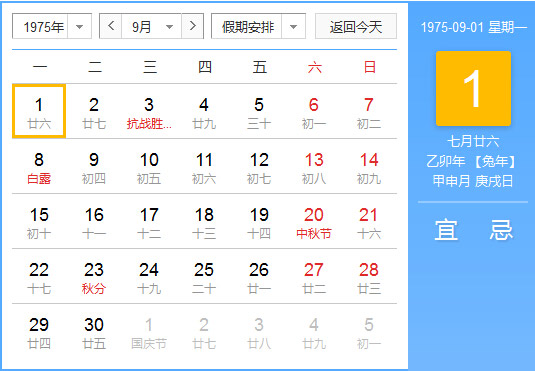 1975年農曆陽曆對照表 1975年老黃曆查詢表 一九七五年日曆_起名網